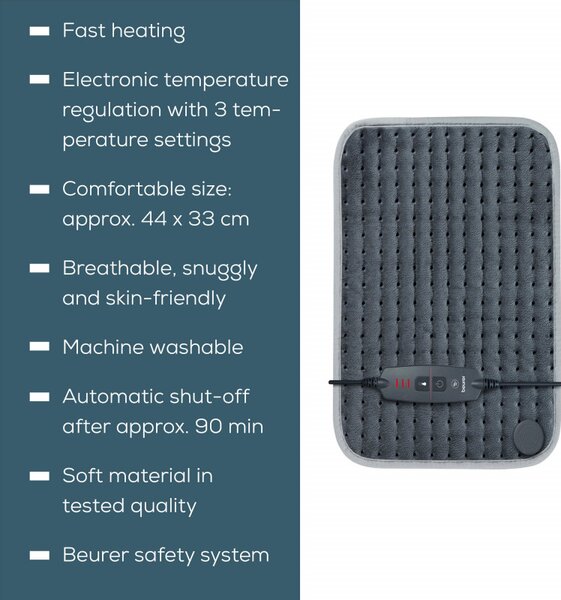 Електрическа възглавница Beurer HK SE, 100W, 44х33 см, 3 степени, Автоматично изключване, Сив