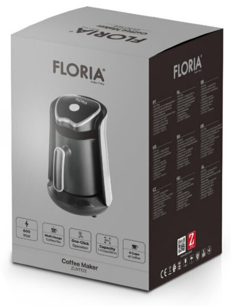 Електрическо джезве Floria ZLN1122, 600W, 500 мл, 65-100°C, Турско кафе/чай, Сензор против преливане, Капково филтриране, Черен