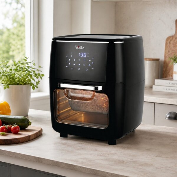 Фритюрник-фурна с горещ въздух Oliver Voltz OV51980AO, 1700W, 13 л, 10 програми, 65-200°C, Въртящи се шишове и кошница, Тъч скрийн, Втасване, Черен