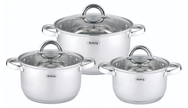 Комплект тенджери Rosberg R51210L6C, 6 ч, Мерителна скала, Стъклени капаци, Неръждаема стомана, Индукция, Сребрист