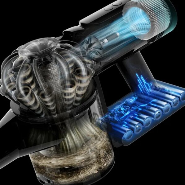 Вертикална прахосмукачка + Док станция с автоматично изпразване Dyson V10 Konical Moulded 594030-01, 150AW, 0.5 л, 60 мин, 3 режима, HEPA, Хигиенично изпразване, Без заплитане, Черен