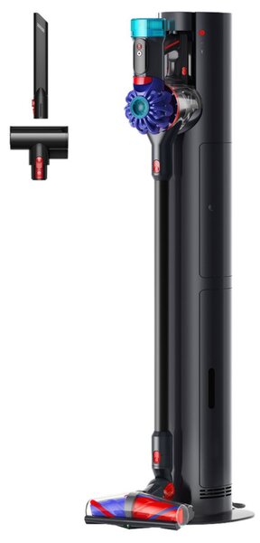 Вертикална прахосмукачка + Док станция с автоматично изпразване Dyson V10 Konical Moulded 594030-01, 150AW, 0.5 л, 60 мин, 3 режима, HEPA, Хигиенично изпразване, Без заплитане, Черен