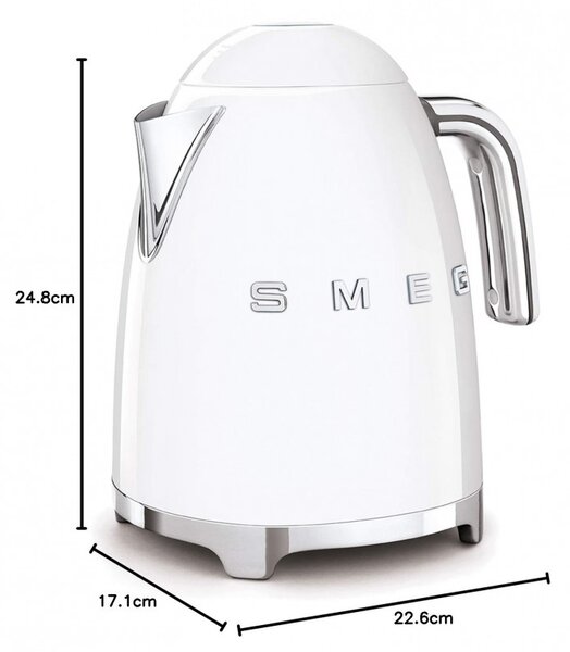 Електрическа кана SMEG KLF03WHEU, 2400W, 1.7 л, Неръждаема стомана, Миещ се филтър, Авто. изключване, Бял