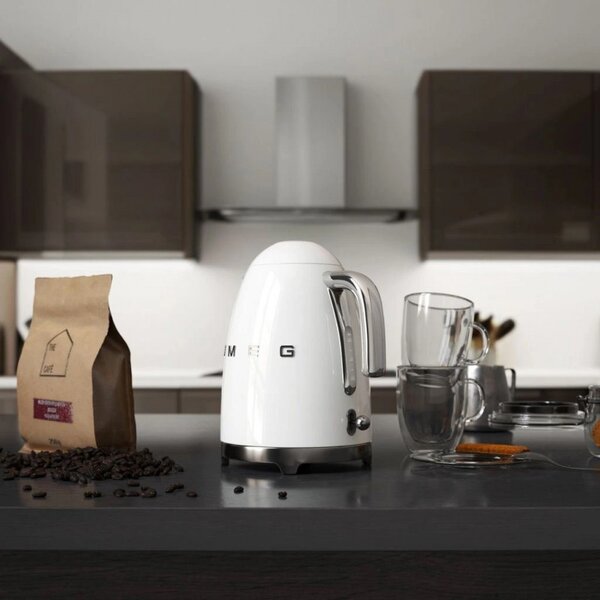 Електрическа кана SMEG KLF03WHEU, 2400W, 1.7 л, Неръждаема стомана, Миещ се филтър, Авто. изключване, Бял