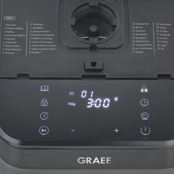 Хлебопекарна Graef BA806, 520W, 500-750 гр, 36 програми, Незалепващо покритие, 3 степени, Таймер с отложен старт, Черен