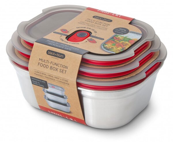 Комплект 3 бр кутии за храна Black+Blum Meal Prep FBSS-BX-PACK1, 0.6/0.9/1.2 l, Правоъгълни, Подходящи за фурна, Без BPA, Неръждаема стомана, Сив