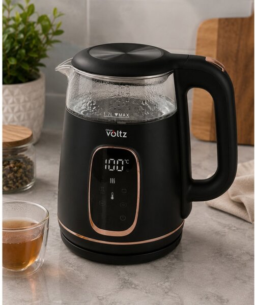 Електрическа кана Oliver Voltz OV51230AF, 2200W, 1.7 л, 4 режима, 13 темп. настройки, LCD дисплей, Сензорен контрол, Черен/Розово злато