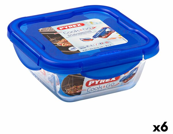 Херметическа Кутия за Обяд Pyrex Cook & Go 16,7 x 16,7 x 7 cm Син 850 ml Cтъкло (6 броя)