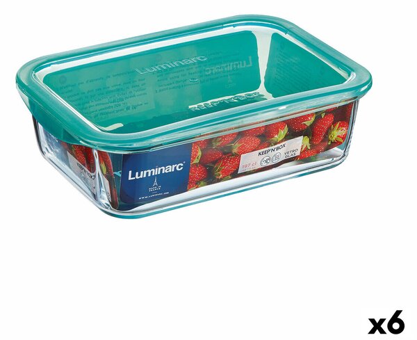 Правоъгълна Кутия за Обяд с Капак Luminarc Keep'n Lagon 16 x 11,3 x 6 cm цвят тюркоаз 820 ml Cтъкло (6 броя)