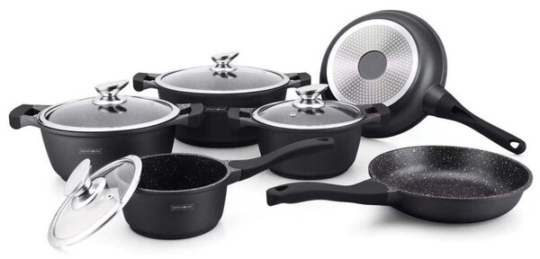 Комплект тенджери и тигани Royalty Line RL-BS1010M, Отливка, 10 части, Индукция, Мраморно покритие, Черен