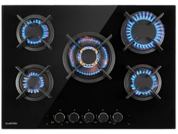 Klarstein Goldflame 5, газов котлон, 5 месингови горелки, стъклокерамика, черен