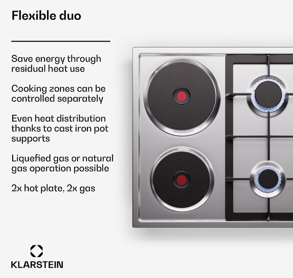 Klarstein MultiChef 4 Hot Plate, електрически и газов котлон, 4 зони за готвене, 2 горелки, 2 електрически котлона