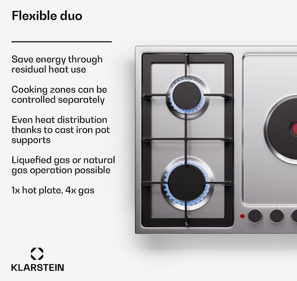 Klarstein MultiChef 5 Hot Plate, електрически и газов котлон, 5 зони за готвене, 4 горелки, 1 електрически котлона