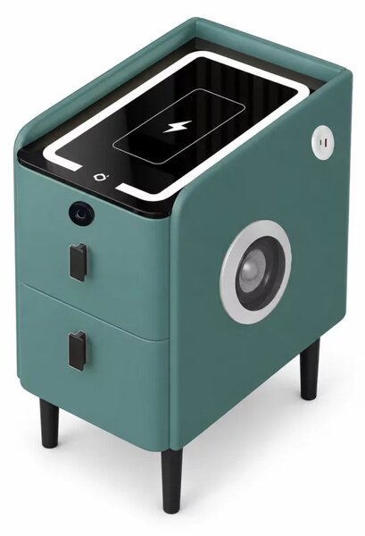 Тънко интелигентно нощно шкафче с безжично зареждане, LED осветление, Bluetooth високоговорител, USB и Type-C портове и система с пръстов отпечатък – зелен цвят, 2 чекмеджета, модерен дизайн от стъкло и дърво