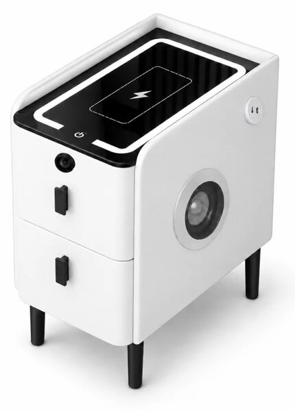 Тънко интелигентно нощно шкафче с безжично зареждане, LED осветление, Bluetooth високоговорител, USB и Type-C портове и система с пръстов отпечатък – бял цвят, 2 чекмеджета, модерен дизайн от стъкло и дърво