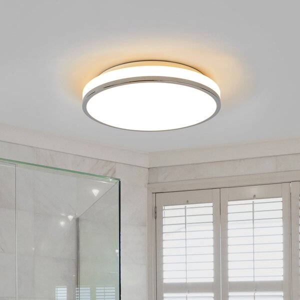 Lindby LED таванска лампа Lyss, Ø 34 cm, хромирана, IP44, Бял, Баня, Стъкло, Модерен
