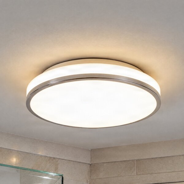 Lindby LED таванска лампа Lyss, Ø 34 cm, хромирана, IP44, Бял, Баня, Стъкло, Модерен