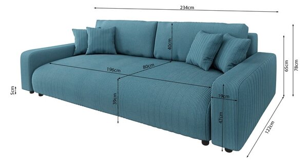 Тюркоазен разтегателен диван с място за съхранение от рипсено кадифе 234 cm Sara – Ropez