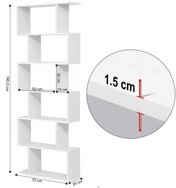 Библиотечен рафт с 6 полици 70 x 24 х 190,5 см бял
