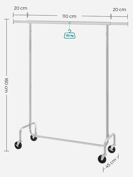 Мобилна стойка за дрехи 130 кг хромирана