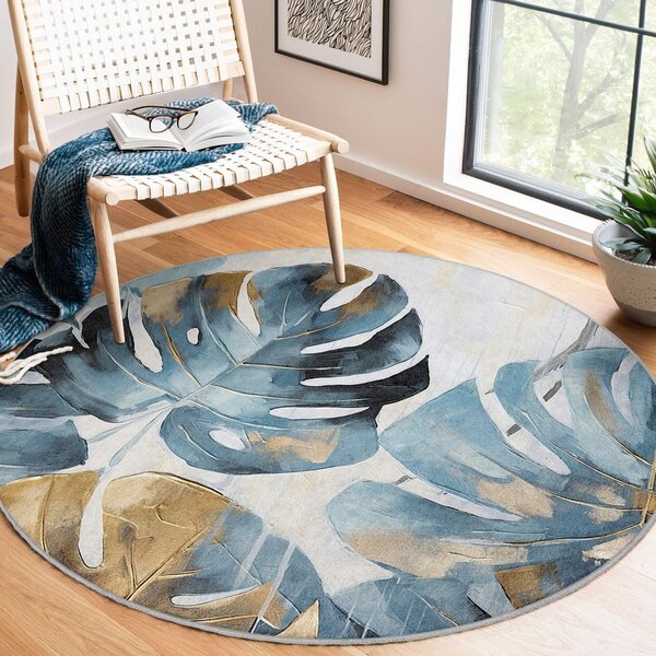 Син кръгъл килим подходящ за пране ø 80 cm Golden Leaves – Mila Home