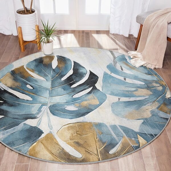 Син кръгъл килим подходящ за пране ø 80 cm Golden Leaves – Mila Home