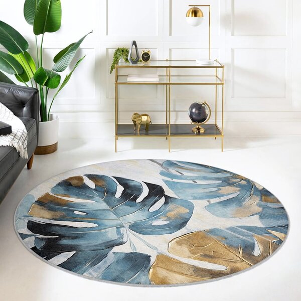Син кръгъл килим подходящ за пране ø 80 cm Golden Leaves – Mila Home
