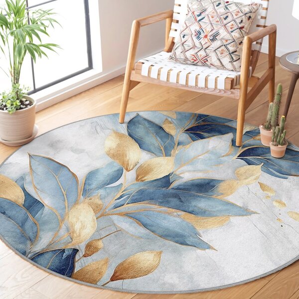 Синьо-златист кръгъл килим подходящ за пране ø 80 cm Golden Leaves – Mila Home