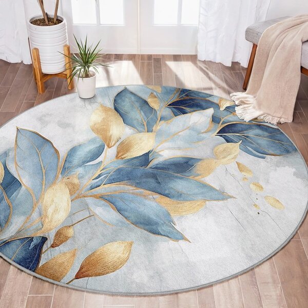 Синьо-златист кръгъл килим подходящ за пране ø 80 cm Golden Leaves – Mila Home