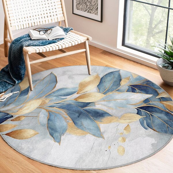 Синьо-златист кръгъл килим подходящ за пране ø 80 cm Golden Leaves – Mila Home
