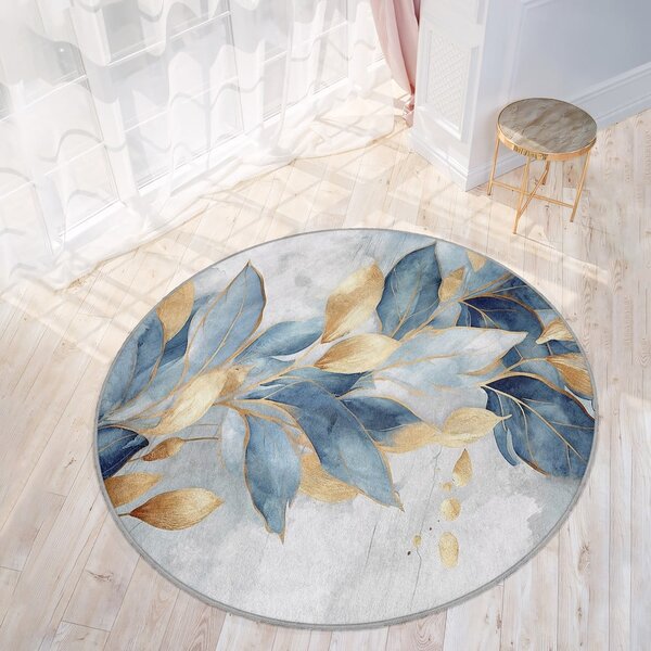 Синьо-златист кръгъл килим подходящ за пране ø 80 cm Golden Leaves – Mila Home