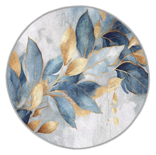 Синьо-златист кръгъл килим подходящ за пране ø 80 cm Golden Leaves – Mila Home