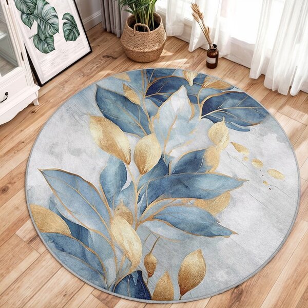 Синьо-златист кръгъл килим подходящ за пране ø 80 cm Golden Leaves – Mila Home