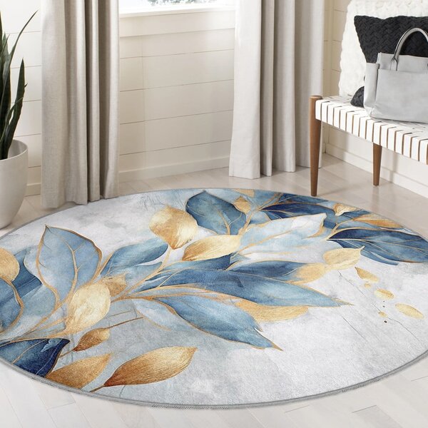 Синьо-златист кръгъл килим подходящ за пране ø 80 cm Golden Leaves – Mila Home