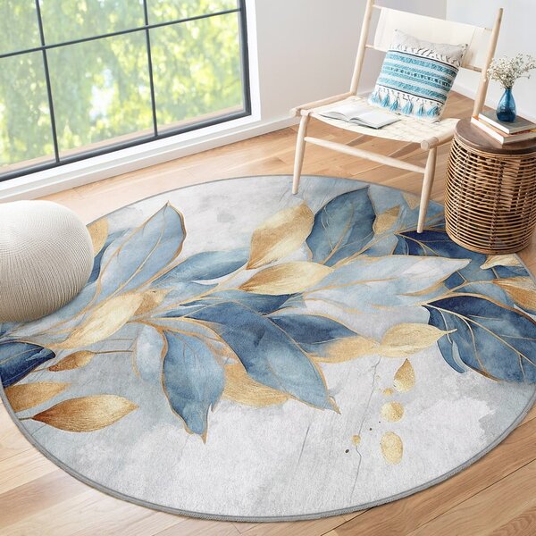 Синьо-златист кръгъл килим подходящ за пране ø 80 cm Golden Leaves – Mila Home