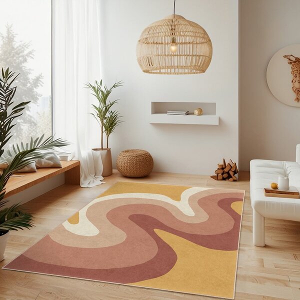 Килим подходящ за пране в цвят жълта охра и сиво-розов 160x230 cm Strawberry Creamsicle – Mila Home