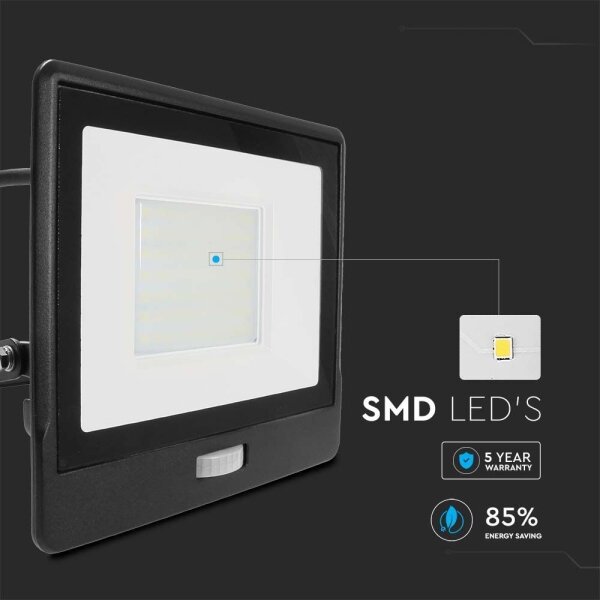 LED прожектор с датчик 50W 230V 6500K IP65 черен