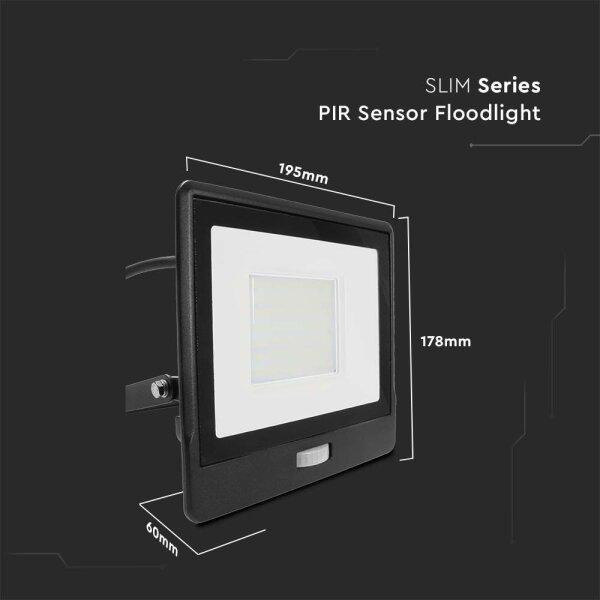 LED прожектор с датчик 50W 230V 6500K IP65 черен