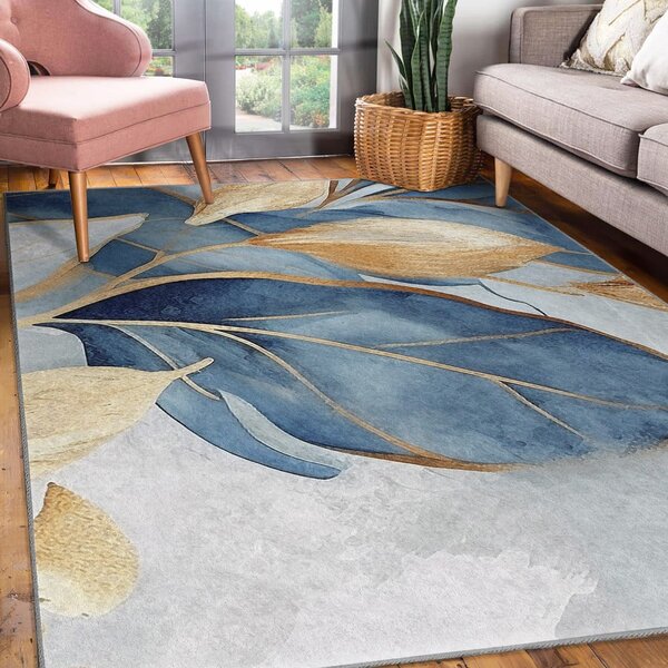 Синьо-златист килим подходящ за пране 80x150 cm Golden Leaves – Mila Home