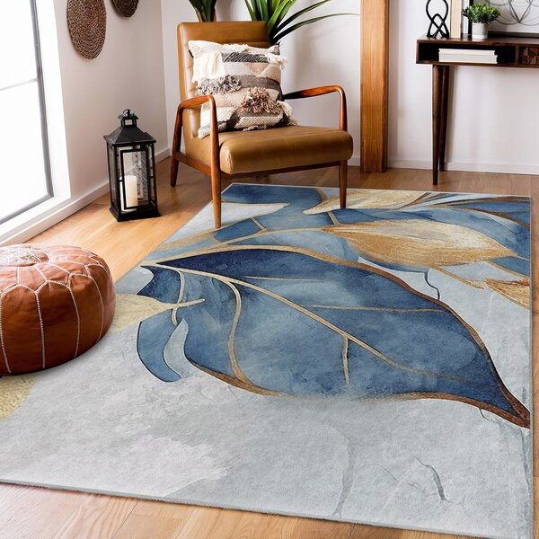 Синьо-златист килим подходящ за пране 80x150 cm Golden Leaves – Mila Home