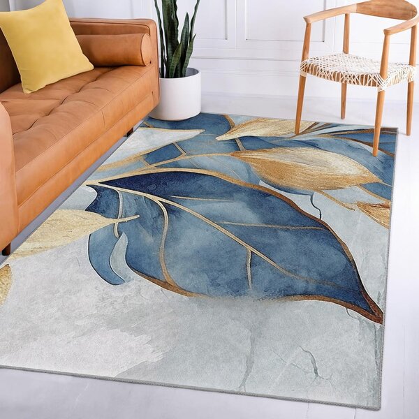 Синьо-златист килим подходящ за пране 80x150 cm Golden Leaves – Mila Home
