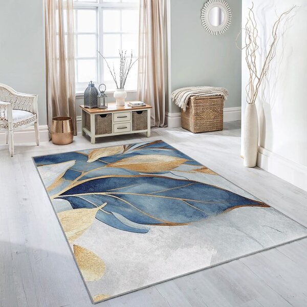 Синьо-златист килим подходящ за пране 80x150 cm Golden Leaves – Mila Home