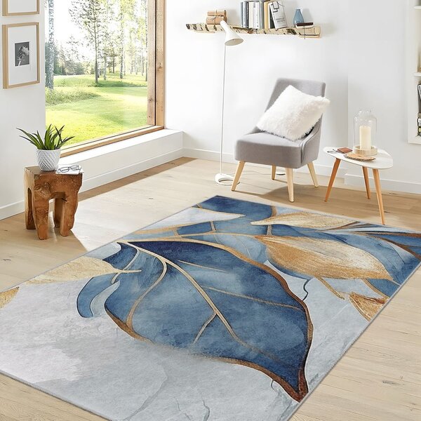 Синьо-златист килим подходящ за пране 80x150 cm Golden Leaves – Mila Home