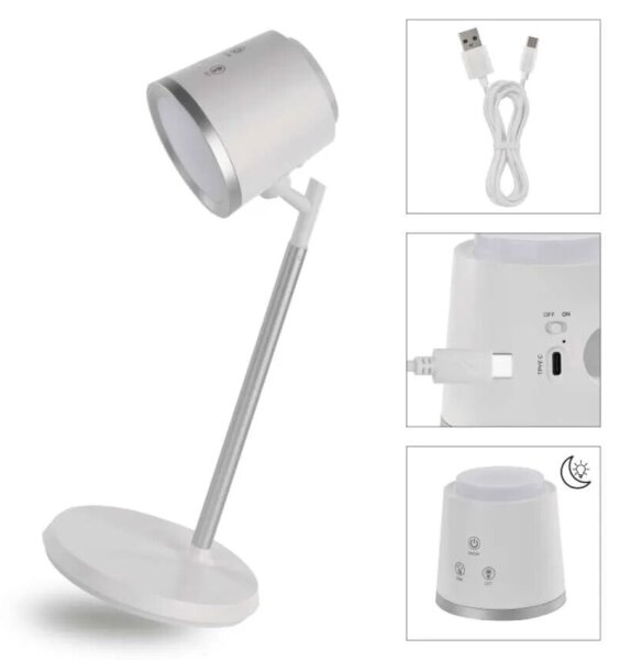 LED регулируема настолна лампа 4в1, 6W, 3.7V, 3000K/4000K/6500K, бяла