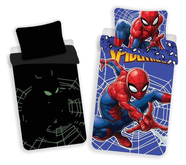 Червено-синьо единично памучно детско спално бельо със светещ ефект 140x200 cm Spider-man – Jerry Fabrics