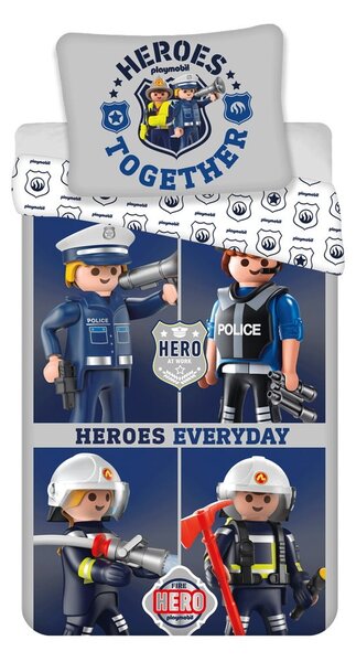 Синьо-сиво единично памучно детско спално бельо 140x200 cm Playmobil – Jerry Fabrics