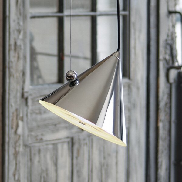 Tom Dixon LED висяща лампа Pose, сребриста, Ø 25 cm, стомана, димер, Затъмняване, Металик, Дневна/трапезария, Метал, Дизайн