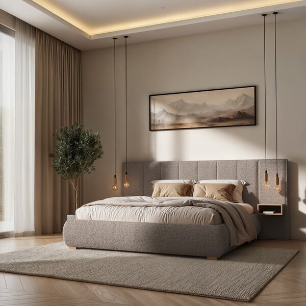 Светлокафяво двойно тапицирано легло с включена подматрачна рамка 140x200 cm Fioro – MESONICA