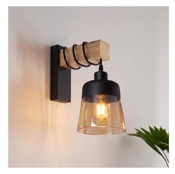 Brilagi - Стенно осветително тяло WOOD GLASS 1xE27/60W/230V сосна/черно/димчато кафяво
