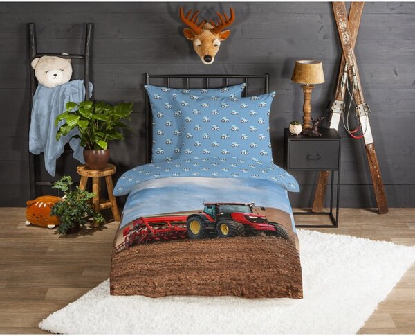 Синьо единично фланелено детско спално бельо 140x200 cm Tractor – Good Morning